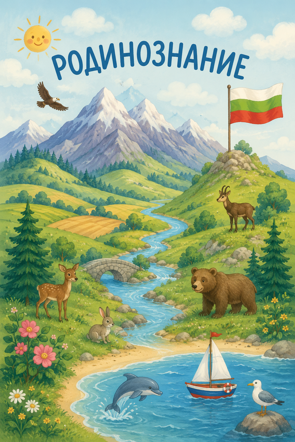 Родинознание - природа на България със знаме, планини и животни